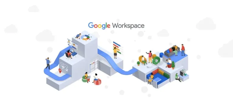 Logotipo do Google Workspace acima de uma ilustração isométrica de pessoas trabalhando de forma colaborativa em diferentes ambientes conectados.