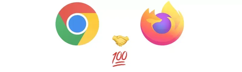Logotipos dos navegadores Google Chrome e Mozilla Firefox lado a lado com emojis de aperto de mão e cem por cento.