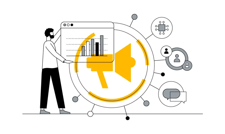 Ilustração de homem segurando painel de gráficos sobre um megafone amarelo, simbolizando análise de métricas de marketing.