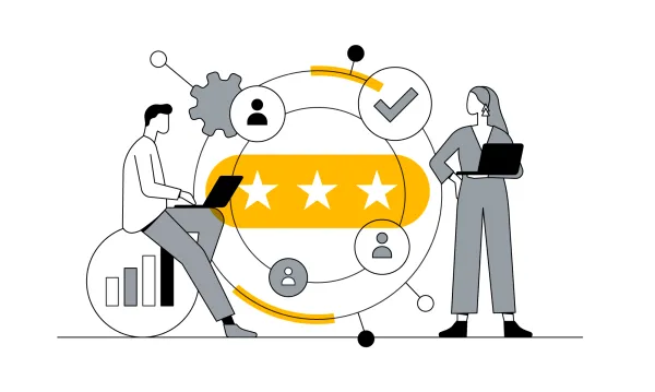 Ilustração de profissionais analisando métricas e avaliações de três estrelas em um dashboard digital.