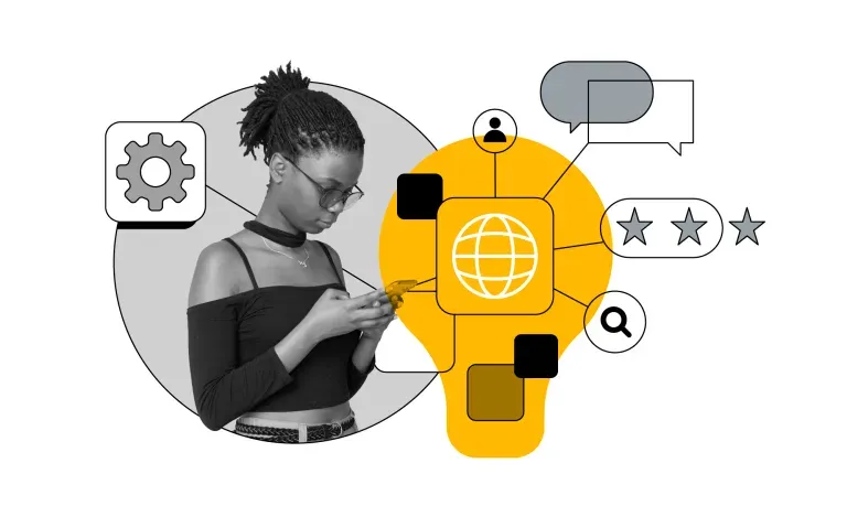 Mulher usando smartphone conectada a uma lâmpada amarela com ícones de internet, busca, avaliações e chat.