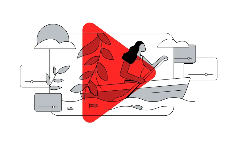 Ilustração de mulher remando em um barco sobreposta a um ícone de play vermelho, simbolizando a jornada do conteúdo em vídeo.