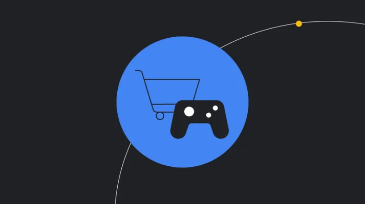 Ícones de carrinho de compras e controle de videogame em círculo azul, simbolizando a gamificação no e-commerce.